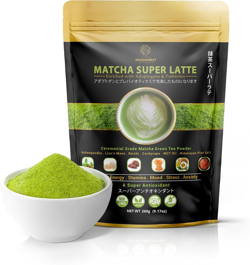 Nourishment Rituals Green Tea Super Latte Matcha Powder | Authentic Japanese Instant Ceremonial Grade Matcha, Superfood Powder Blend - Pack of 1, 260g (12-Servings)