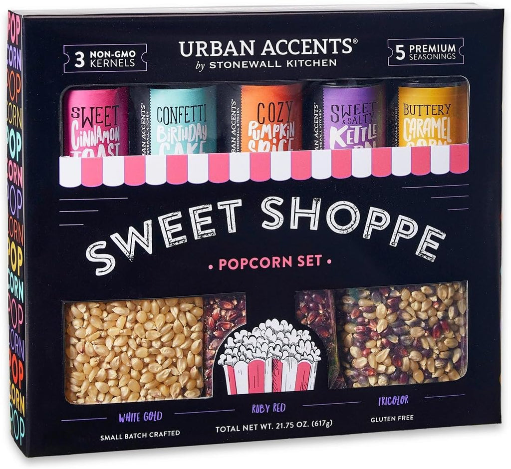 Urban Accents Movie Night Sweet Shoppe Gift Set Collection-Popcorn Seasoning Variety Pack (set of 8) - 3 Non-GMO Popcorn Kernel Packs and 5 Gourmet Popcorn Snack Seasonings
