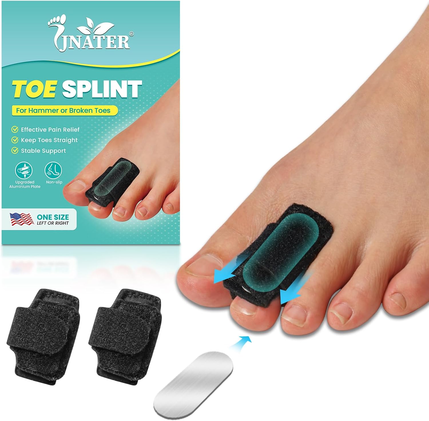 Hammer Toe Straightener - 2 Pcs Hammer Toe Corrector for Women & Men, Adjustable Toe Splints & Wraps with Aluminum Plate Support for Curled, Bent & Broken Toe-Day & Night Relief (Black)