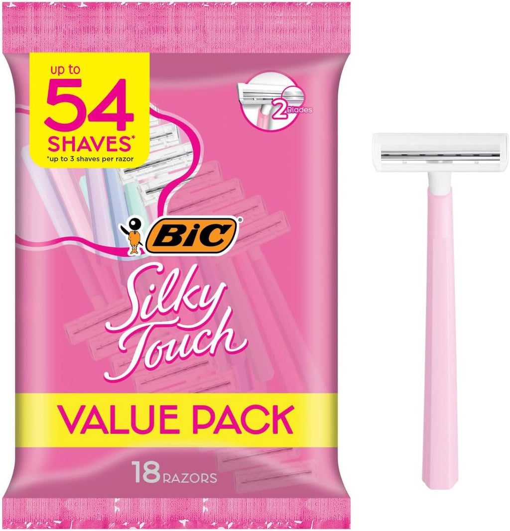BIC Silky Touch Women's Disposable Razors, 2 Blades For a Sensitive, Soothing and Comfortable Shave, 18-Count