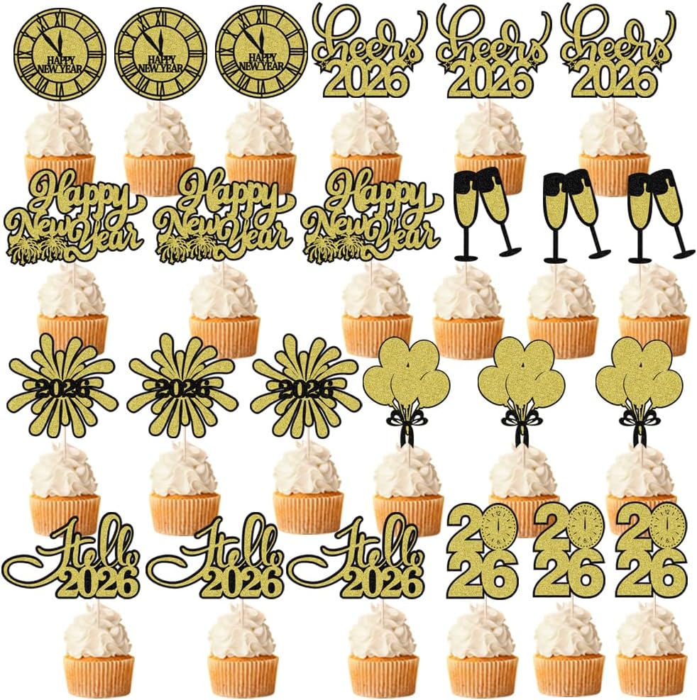 24 PCS Happy New Year Cupcake Toppers, Glitter 2026 Cupcake Picks Balloon Fireworks Clock Hello 2026,for Cheers to 2026 New Year Theme Party Decorations,Christmas,New Years Eve Party Decoration