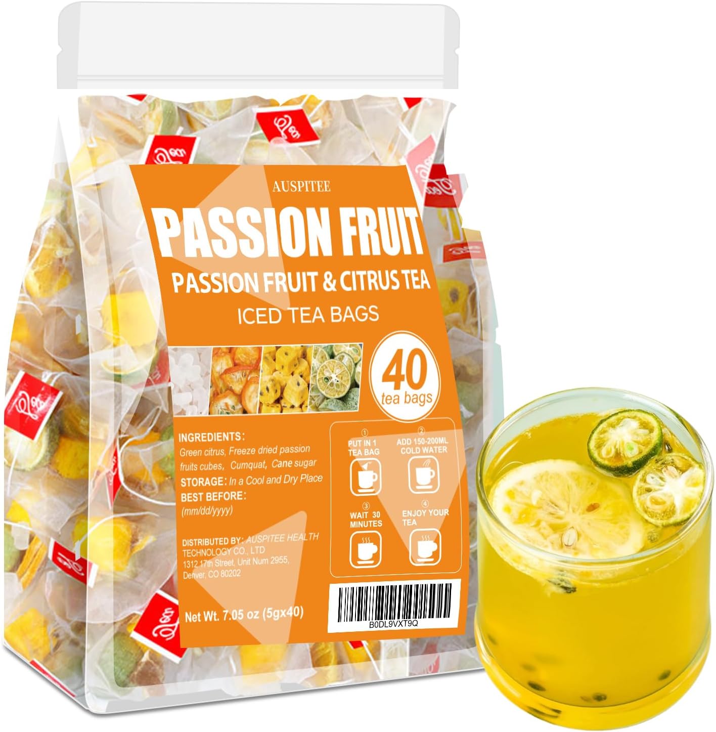 AUSPITEE Passion Fruit & Citrus Tea Bags - 7.05 oz & 40 Tea Bags, Natural, Freeze - Perfect for a Refreshing Drink, Decaffeinated