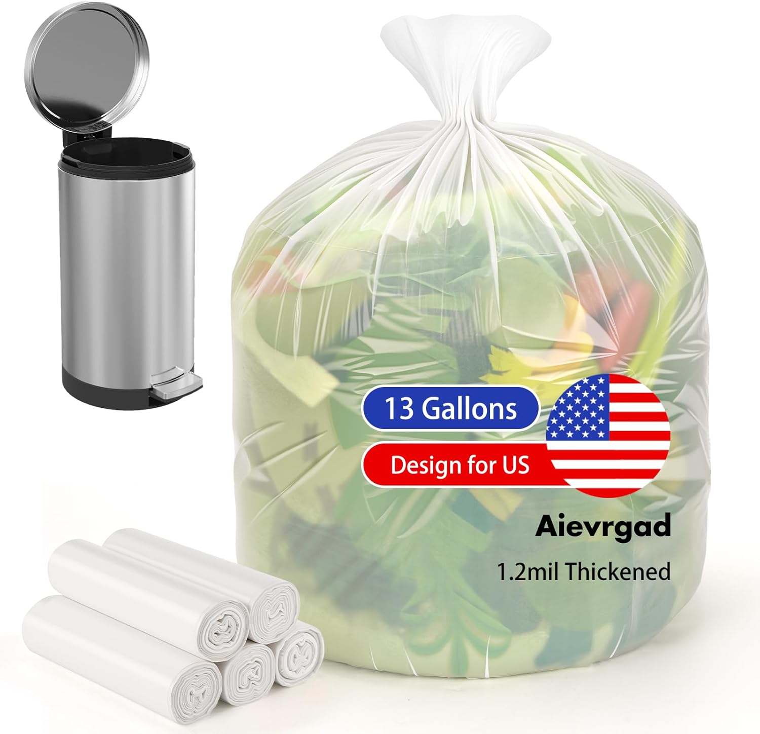 Trash bags 13 Gallon Biodegradable: Aievrgad Garbage bags for tall kitchen trash can liner, 50 count,Unscented, Heavy Duty, Thickened 1.26 Mil, for food/kitchen waste or Graden,white 50L