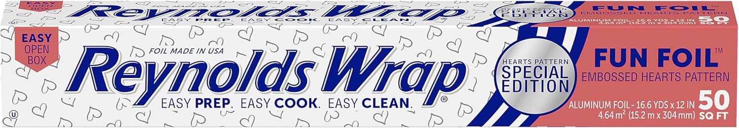 Reynolds Wrap Fun Foil Embossed Aluminum Foil Roll with Hearts, Premium Raised Textured Roll for Food Gifting, Anniversaries, Birthdays, and More, 16.6 Yards x 12 Inches, 50 Sq. Ft.