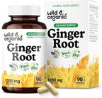 Wild & Organic Ginger Root Capsules 1200 mg - Immune & Digestive Support - Natural Ginger Supplements - Zingiber Officinale Powder - 45 Days of Supply - Vegan, No Fillers, Non-GMO - 90 Count