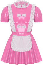 Mufeng Mens Sissy Maid Dress with Apron Doll Collar Puff Sleeve Ruffle Lace Patent Leather A-Line Dress