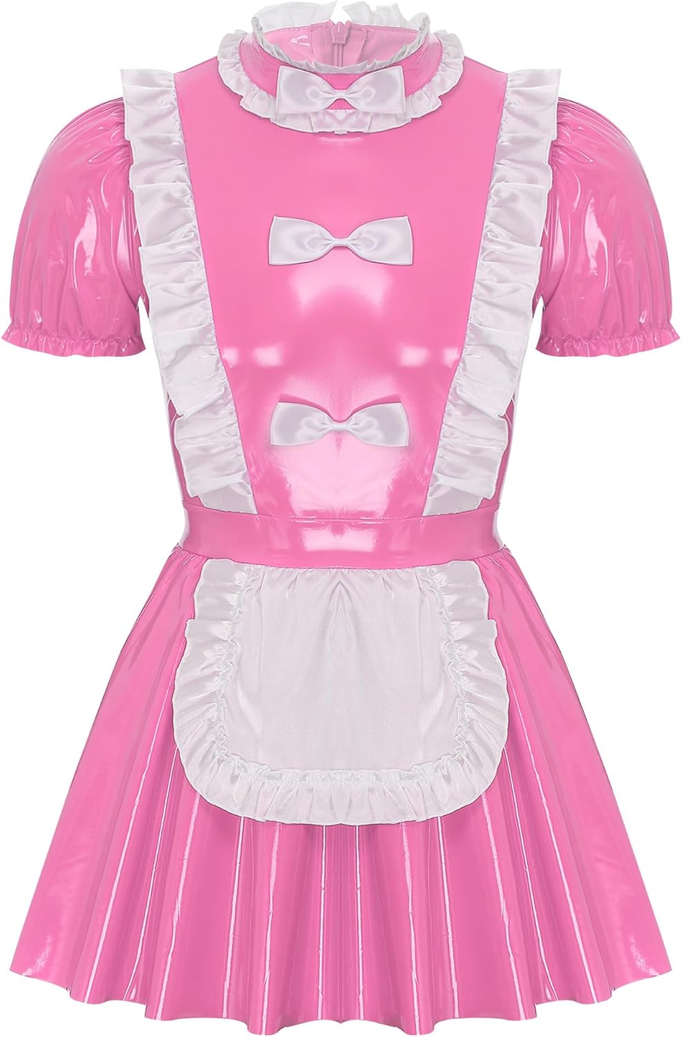 Mufeng Mens Sissy Maid Dress with Apron Doll Collar Puff Sleeve Ruffle Lace Patent Leather A-Line Dress