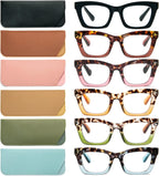 REAVEE 6 Pack Reading Glasses for Women Blue Light Blocking, Cute Square Computer Readers with Spring Hinge