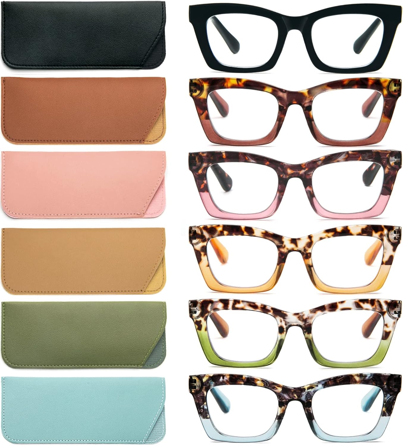 REAVEE 6 Pack Oprah Style Reading Glasses for Women Blue Light Blocking, Cute Square Computer Readers with Spring Hinge