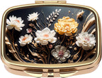 Pill Case Pill Box with Mirror Retro Pocket 2 Compartment Medicine Case Vitamin Pill Organizer for Pocket Purse and Travel (Gold- Flower 1)