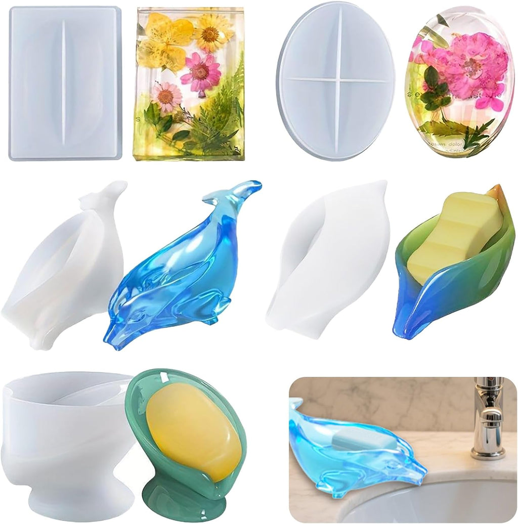 5 Pieces Self-Draining Soap Holder Silicone Resin Mold, DIY Soap Dish Epoxy Resin Casting Mold, Handmade Soap Tray Molds for Home Sink Bathroom Shower Kitchen Decor