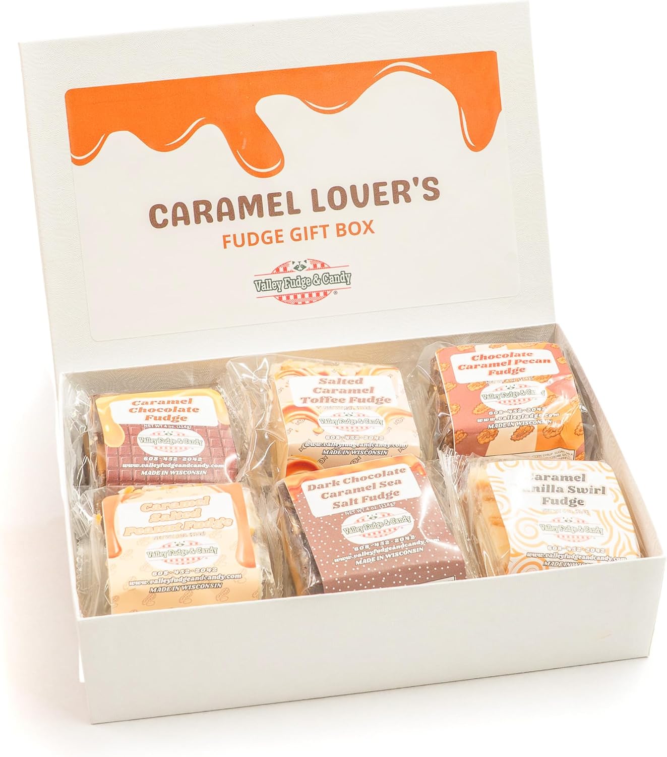 Valley Fudge, Caramel Lover’s Gift Box, Fresh Artisan Fudge, Real Butter, Bulk Gourmet Candy, Individually Wrapped, Birthday, Thank You, Housewarming Gift, 4 oz, 6 Pieces, One and a Half Pounds