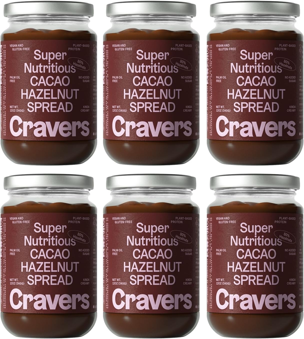 Cravers Cacao Hazelnut Spread - No Sugar Added, Vegan, Palm Oil Free & Non-GMO, Creamy Chocolate Spread | 12 oz Jar | High Protein, Kosher, Gluten Free