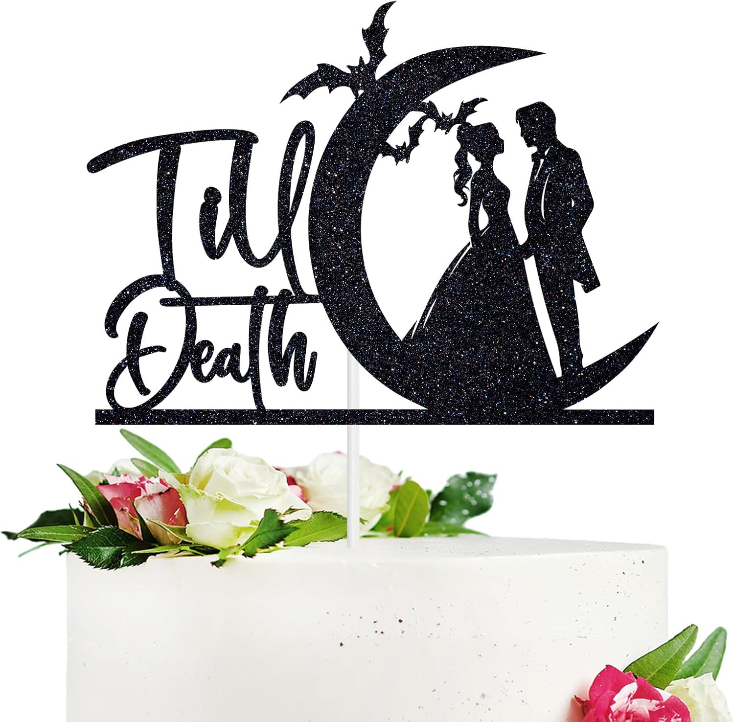 Till Death Cake Topper, Till Death Do Us Part, Till Death My Love, Halloween Wedding/Anniversary Party Decorations Supplies, Black Glitter