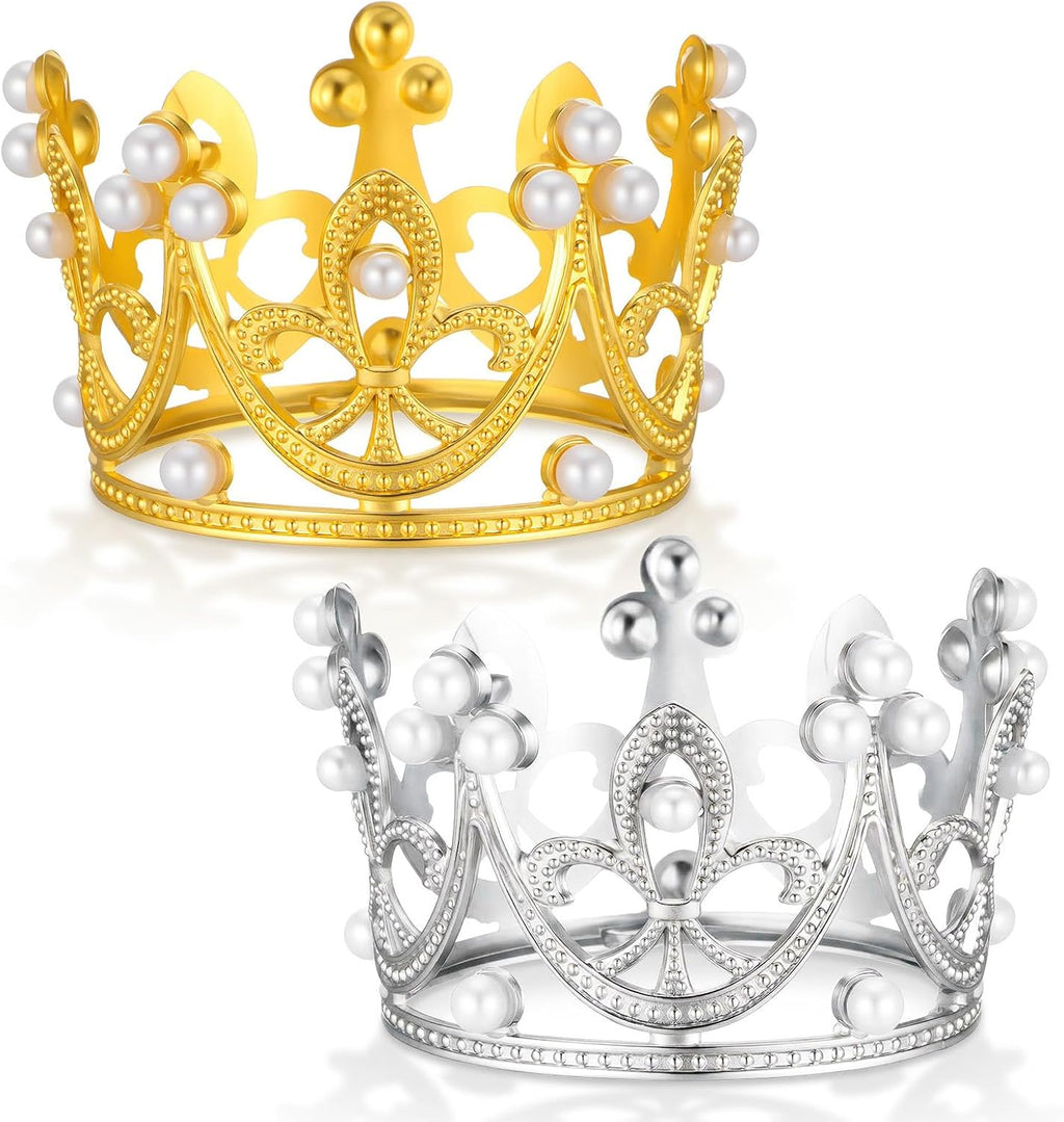 2PCS Mini Crown Cake Topper, Pearl Tiara, Princess Crown, Tiny Queen Tiara Cupcake Topper for Flower Bouquets, Wedding, Birthday, Baby Shower, Party Decor, Bridal, Royal Themed Decor (Gold, Silver)