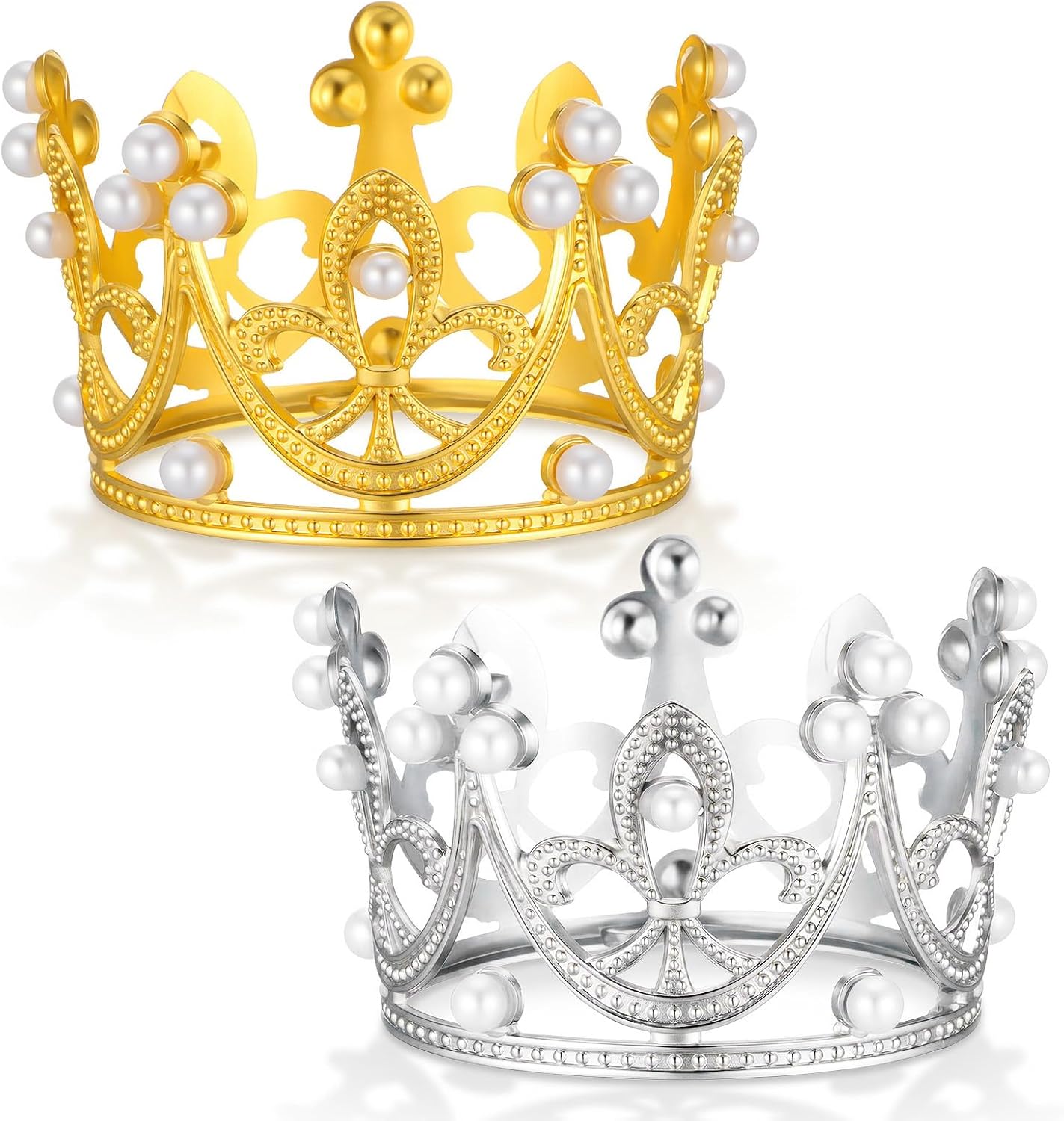 2PCS Mini Crown Cake Topper, Pearl Tiara, Princess Crown, Tiny Queen Tiara Cupcake Topper for Flower Bouquets, Wedding, Birthday, Baby Shower, Party Decor, Bridal, Royal Themed Decor (Gold, Silver)