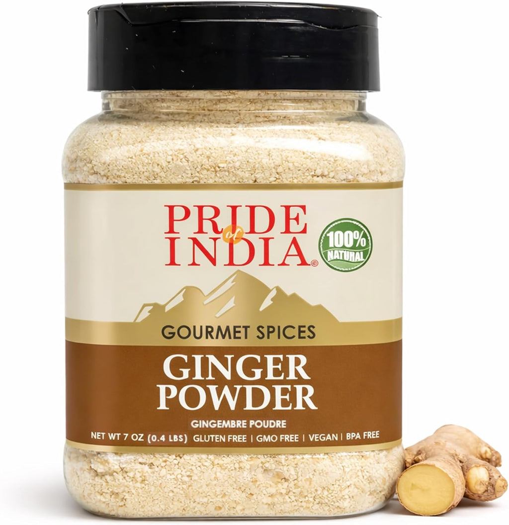 Pride of India | Ginger Fine Ground 7 Oz (198.447 gm) Medium Dual Sifter Bottle | Finely Powdered for Easy Mixing | Perfect for Cookies, Chicken Stir-Fry, Soups, Marinades, Muffins| Fresh Root Powder | Vegan, Gluten-Free, Non-Bioengineered
