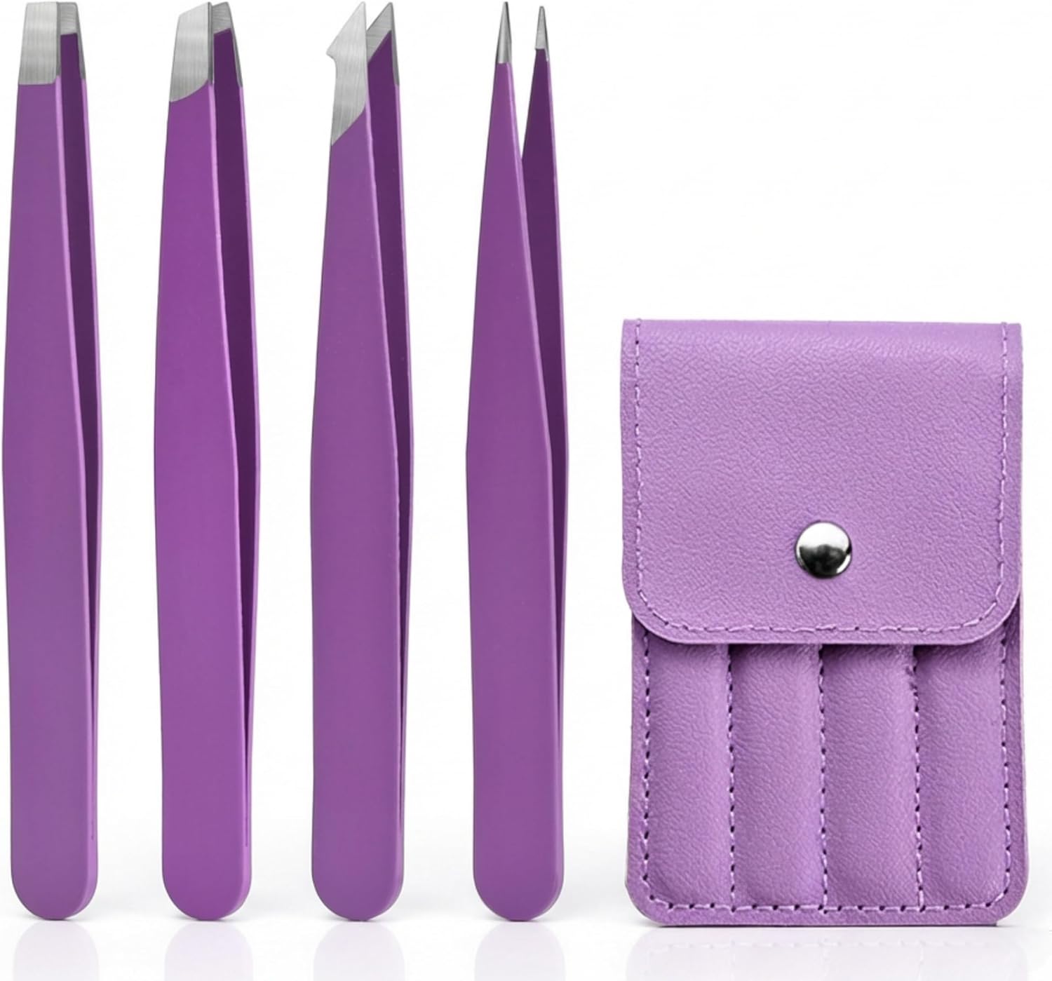 Purple Tweezers Set, 4 Pack Stainless Steel Eyebrow Tweezers with Travel Case for Women & Men, Precision Tweezers for Facial Hair, Ingrown Hair & Splinter Removal