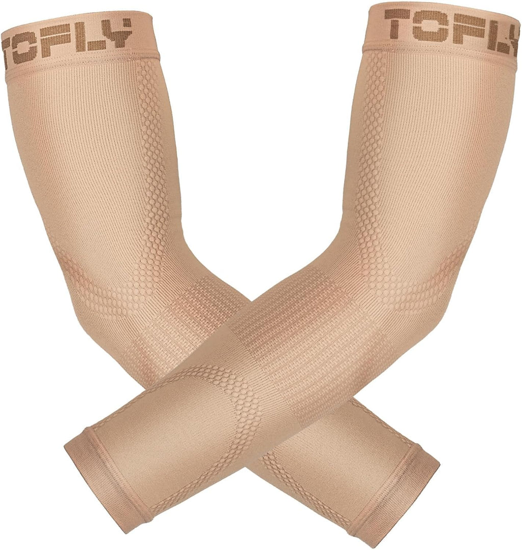 TOFLY Compression Arm Sleeves Elbow Braces for Men & Women (1 Pair), 20-30 mmHg Graduated Compression Arm Braces Support for Tennis Elbow, Tendonitis, Lymphedema, Arthritis, Edema, Workouts, Beige XL