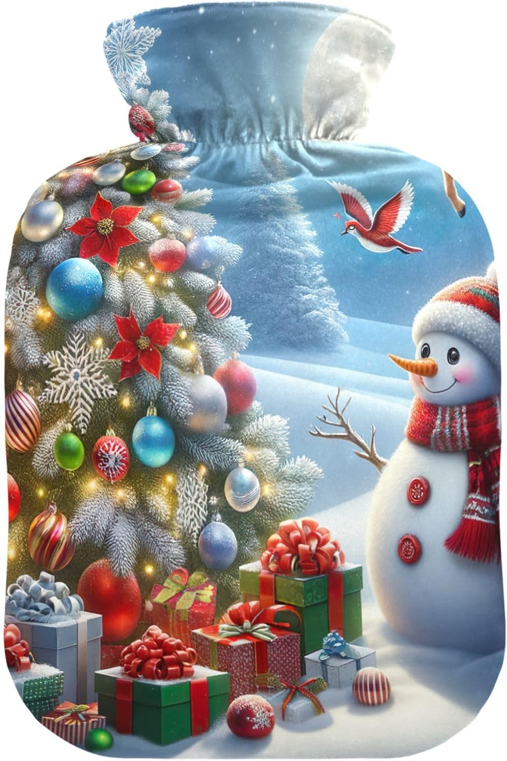 Snowman and Reindeer Christmas Tree Hot Water Bottle with Soft Velvet Cover Warm Water Heat Bottles for Menstrual Cramps Pain Relief, 1 Liters