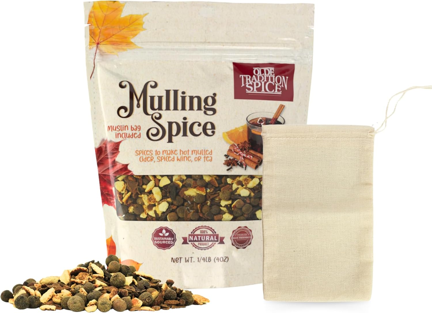 Olde Tradition Mulling Spices for Apple Cider, Mulled Wine Spices Kit, 4oz Traditional Mulled Spice Mix with Muslin Bag for Steeping Stovetop Simmer Pot Hot Toddy Tea Christmas Glühwein Holiday Drink
