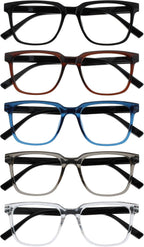OPULIZE LEO Reading Glasses for Women Men, Large Rectangular Frame with Spring Hinges, Black Brown Blue Grey Clear +2.00 (Pack of 5)