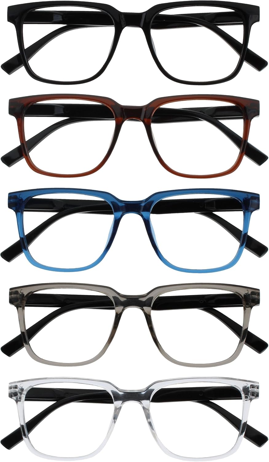 OPULIZE LEO Reading Glasses for Women Men, Large Rectangular Frame with Spring Hinges, Black Brown Blue Grey Clear +2.00 (Pack of 5)
