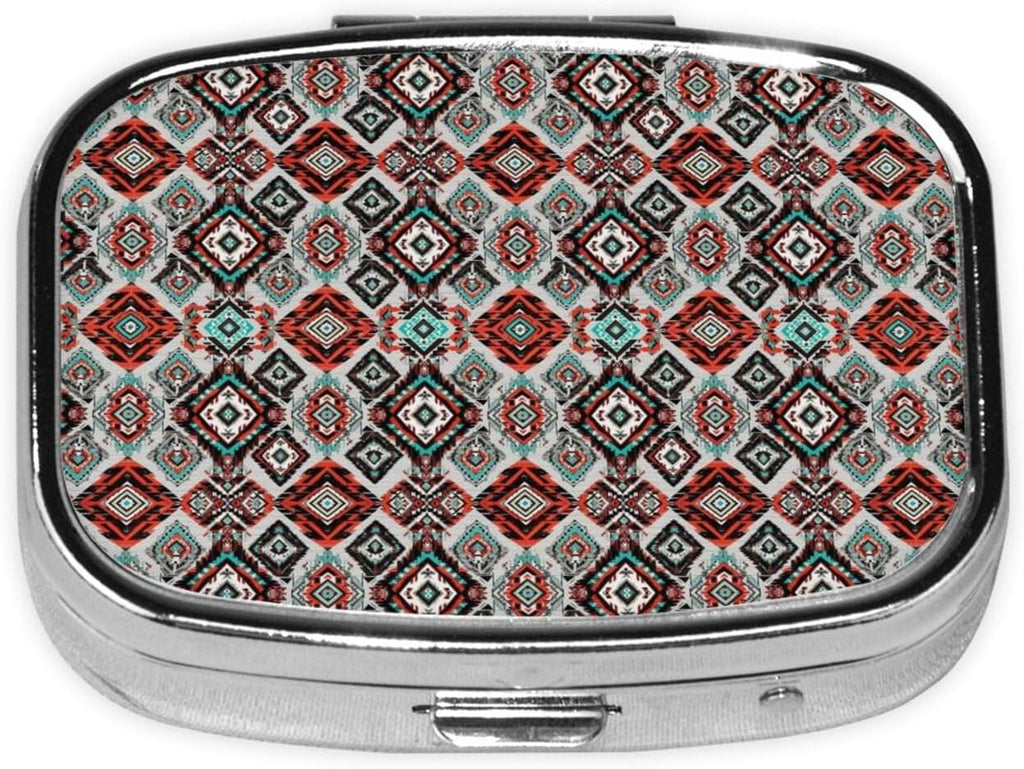 Outdoor Pill Box Rugged Medicine Case Waterproof Supplement Organizer Backpacking Gear, Geometric Indiana Western Southwest Tribal Ethnic Aztec Red Turquoise