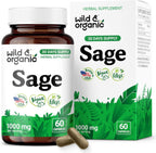 Wild & Organic Sage Capsules - Brain & Digestive Support - 1000 mg Sage Leaves per Serving - 30 Days of Supply - Salvia Officinalis Supplement - 60 Vegan Capsules - Non-GMO, Gluten-Free, No Fillers