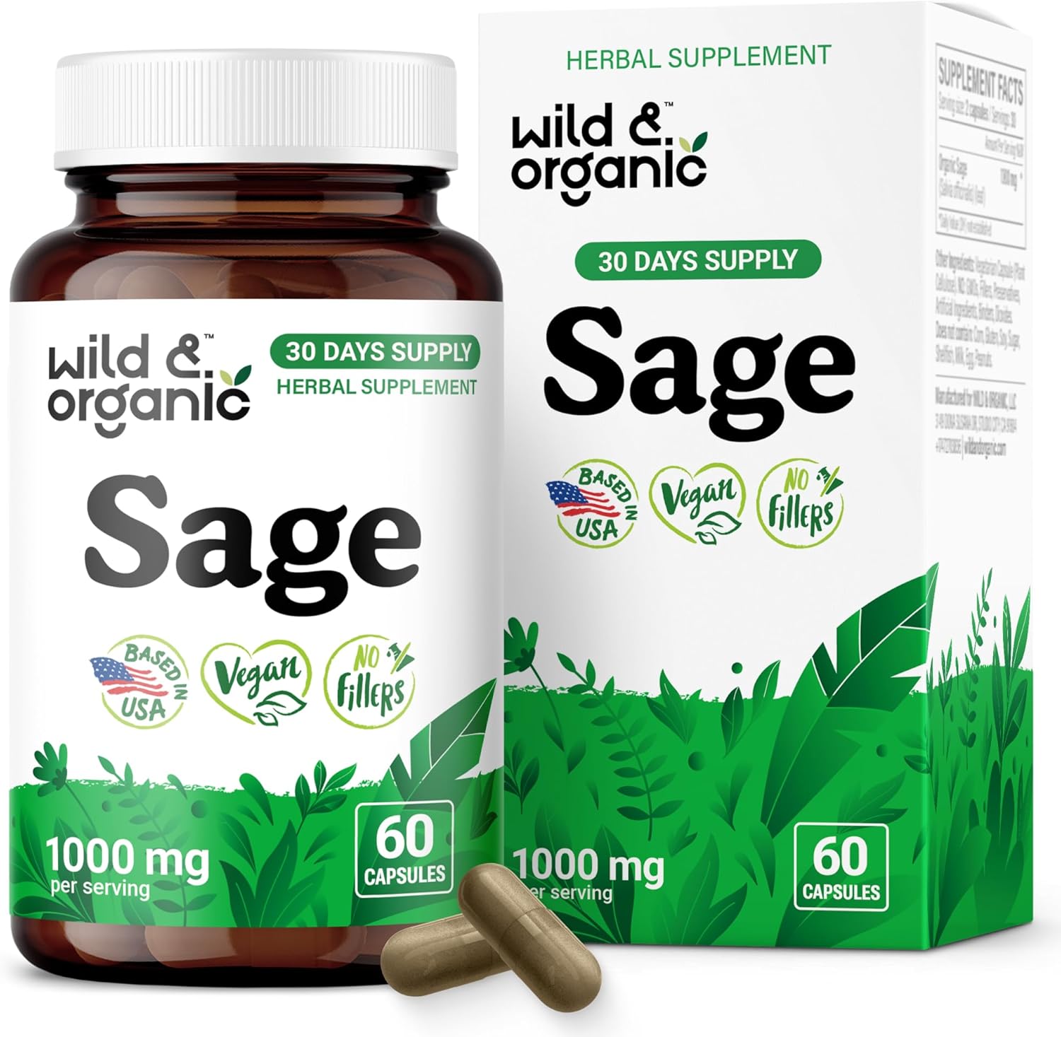 Wild & Organic Sage Capsules - Brain & Digestive Support - 1000 mg Sage Leaves per Serving - 30 Days of Supply - Salvia Officinalis Supplement - 60 Vegan Capsules - Non-GMO, Gluten-Free, No Fillers