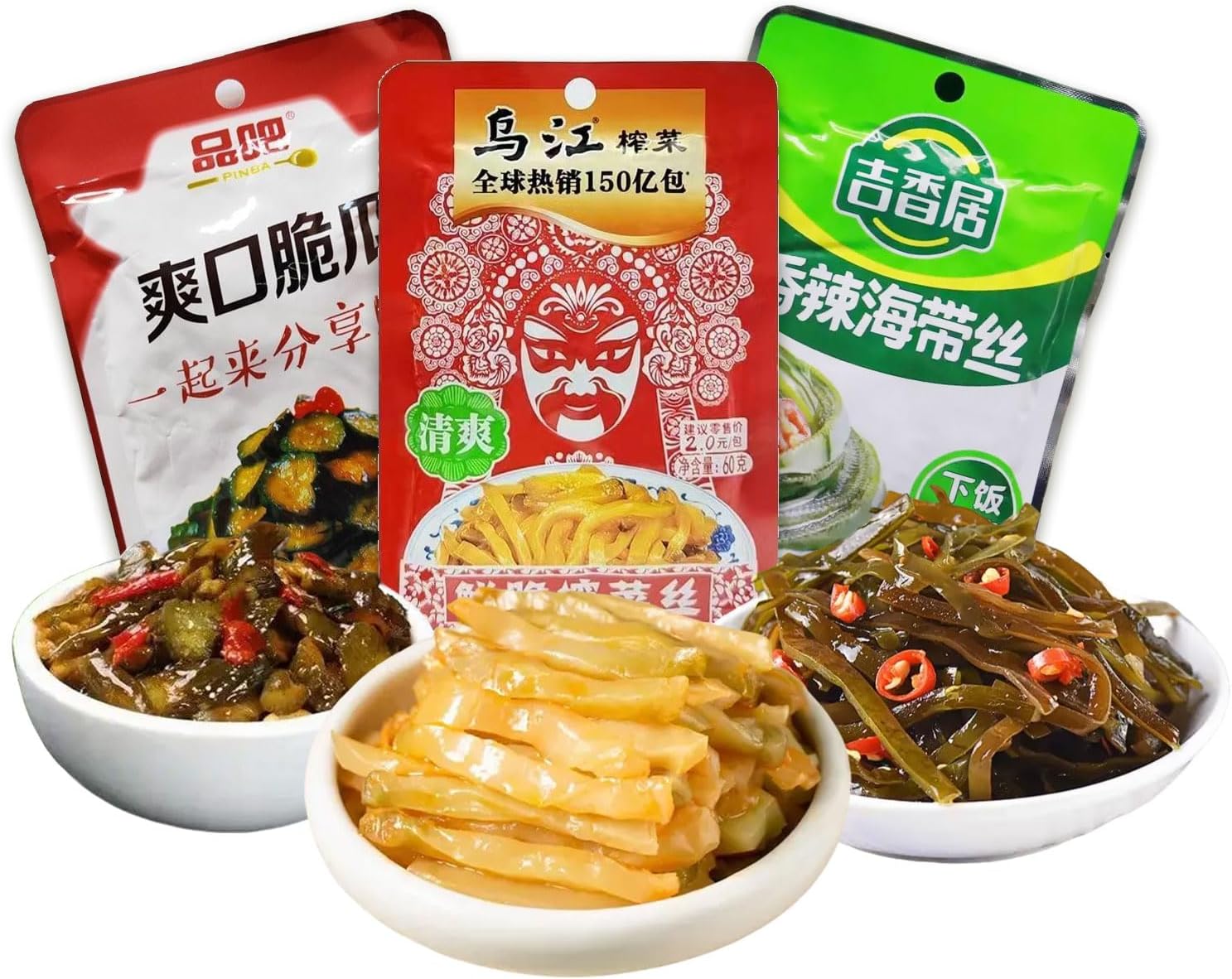 Zhacai Pickled (215g/7.77oz,3Packs/Bag) Si Chuan Zha Cai For Sushi Chinese zhacai for Rice Bowls Si Chuan sui mi ya cai for Ramen Chinese Pickles Variety Set Pickled Cucumber, Radish,Kelp Pickles