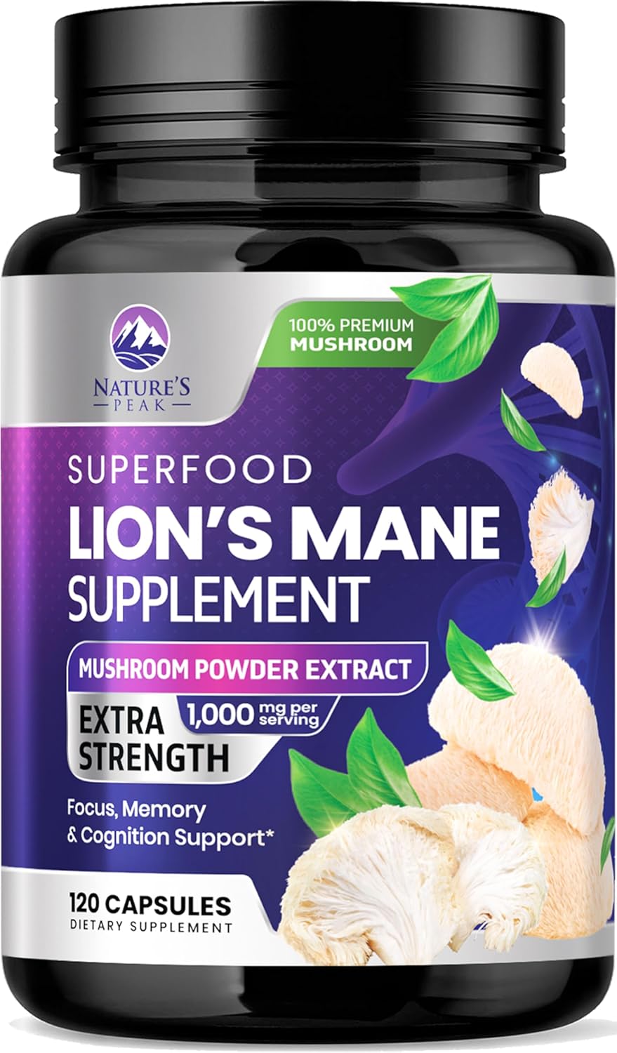 Lions Mane Supplement - Lions Mane 1000mg Per Serving - Extra Strength Lion’s Mane Mushroom - Superfood for Natural Memory & Focus Support, Brain, Immune Health Support - USA Bottled - 120 Capsules