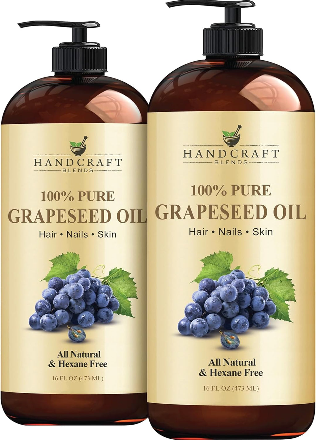 Handcraft Blends Grapeseed Oil | 100% Pure and Natural | Bath & Body Oil | Premium Grade Carrier Oil | Skin | Hair | Body | Massage | Cold-Pressed | Hexane-Free | 16 Fl Oz (Pack of 2)