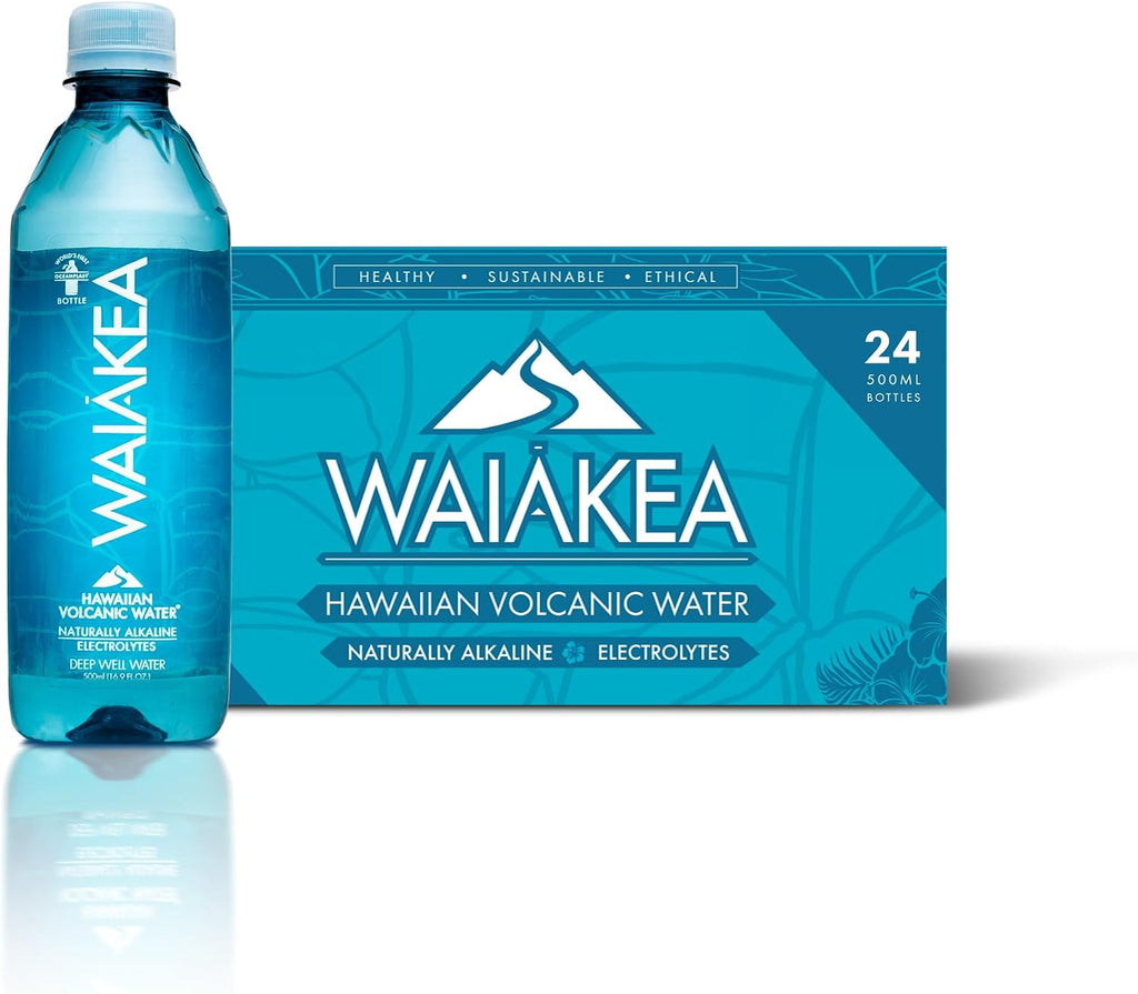 Waiakea Hawaiian Volcanic Water, Naturally Alkaline, 100% Oceanplast Recycled Bottle, 500ml - Pack of 24