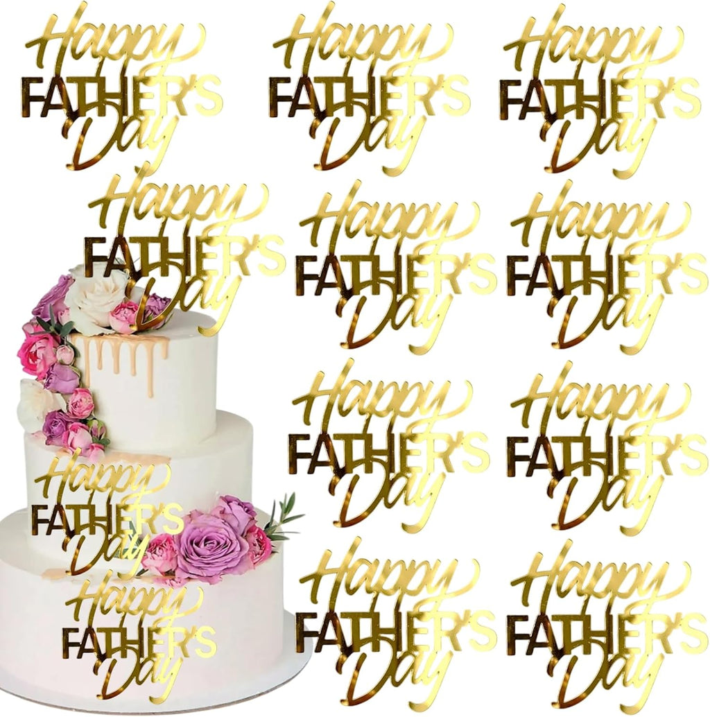 mdgfge 10Pcs Happy Father's Day Cake Toppers Cupcake Toppers Acrylic Gold Mirror Design Cake Cupcake Decor for Father's Day Dad Birthday Party Dessert Decorating Kit Supplies