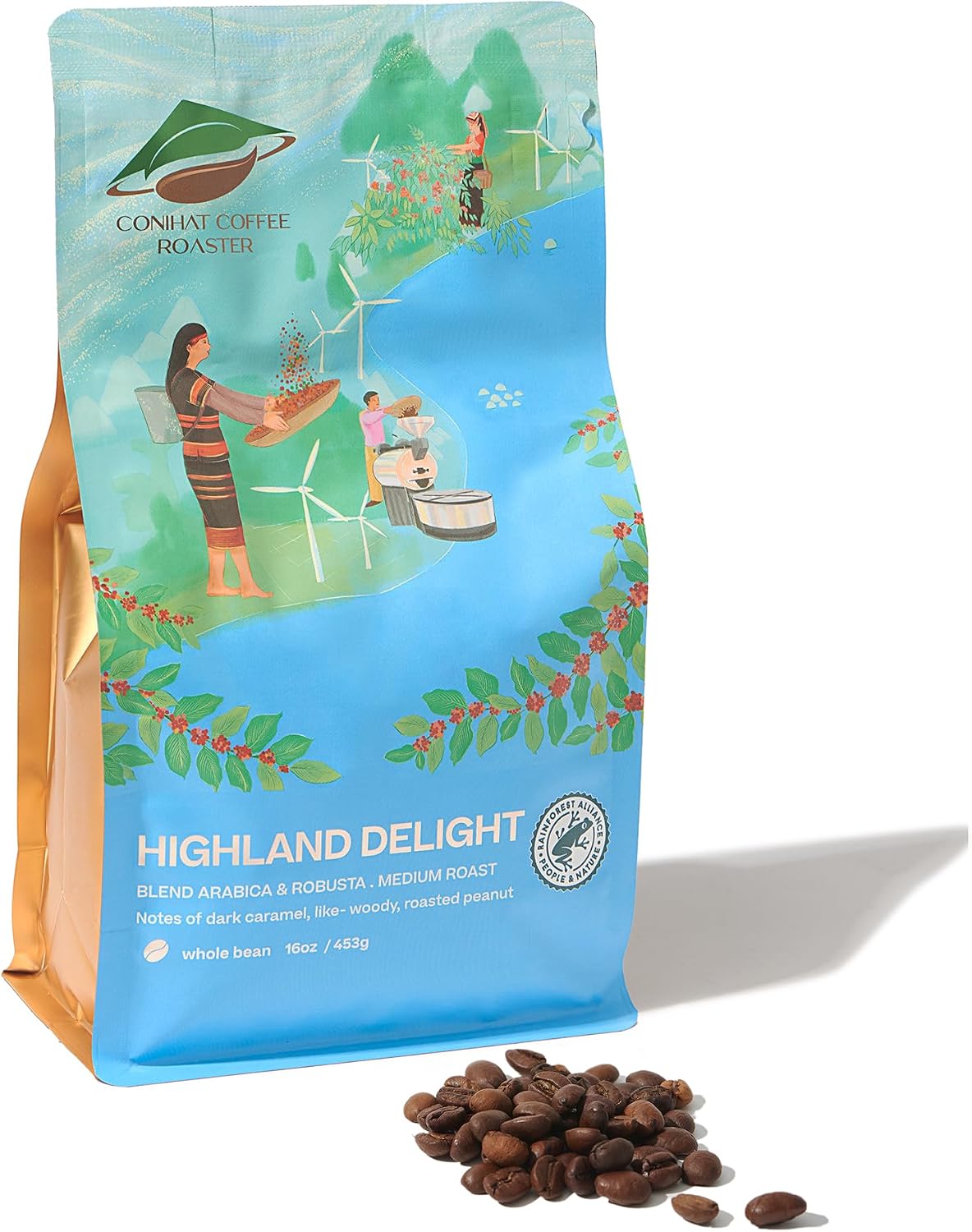 Conihat Whole Bean Coffee - Vietnamese Premium Arabica & Robusta Blend, Medium Roast, Dark Caramel, Roasted Peanut & Like-woody Notes, Balanced Flavor, Low Acid, Single Origin, Hand-Picked, 16 Oz Bag