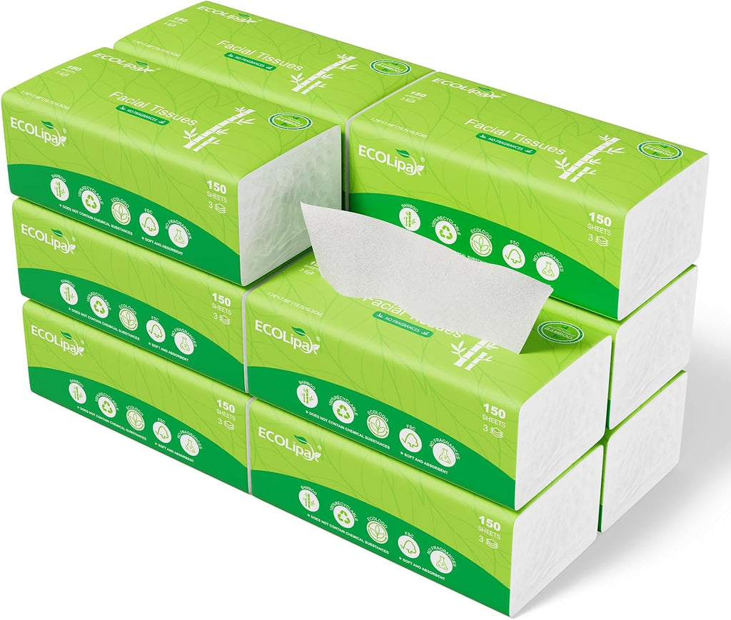 ECOLipak Bamboo Facial Tissues, Soft Pack 12 Packs, 1800 Sheets Total – 3-Ply Ultra Soft & Strong, Hypoallergenic, Travel Size for Car, Home, Office