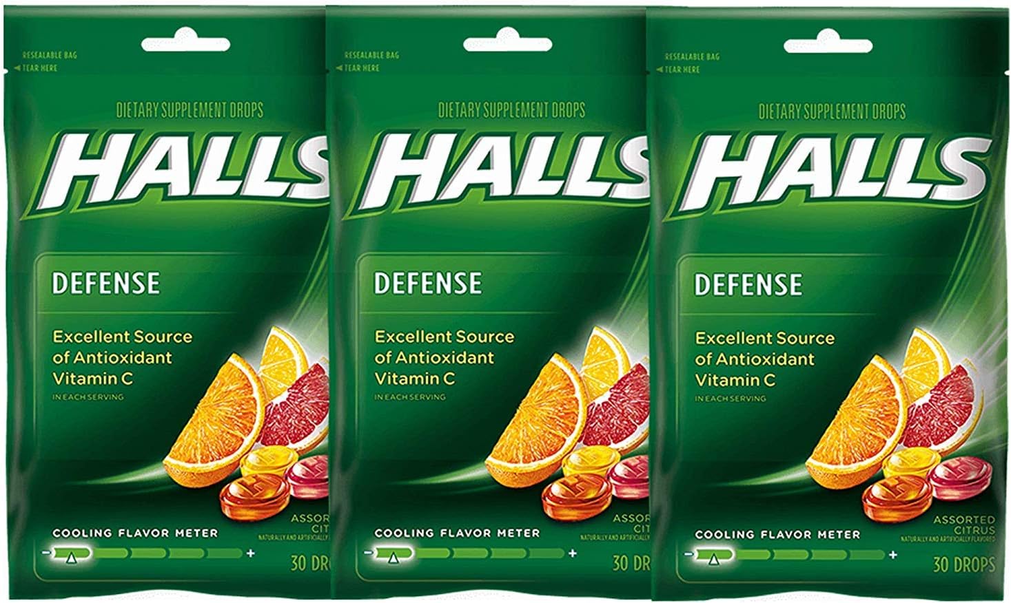 Halls Defense Vitamin C Drops Assorted Citrus - 30 ct, Pack of 3