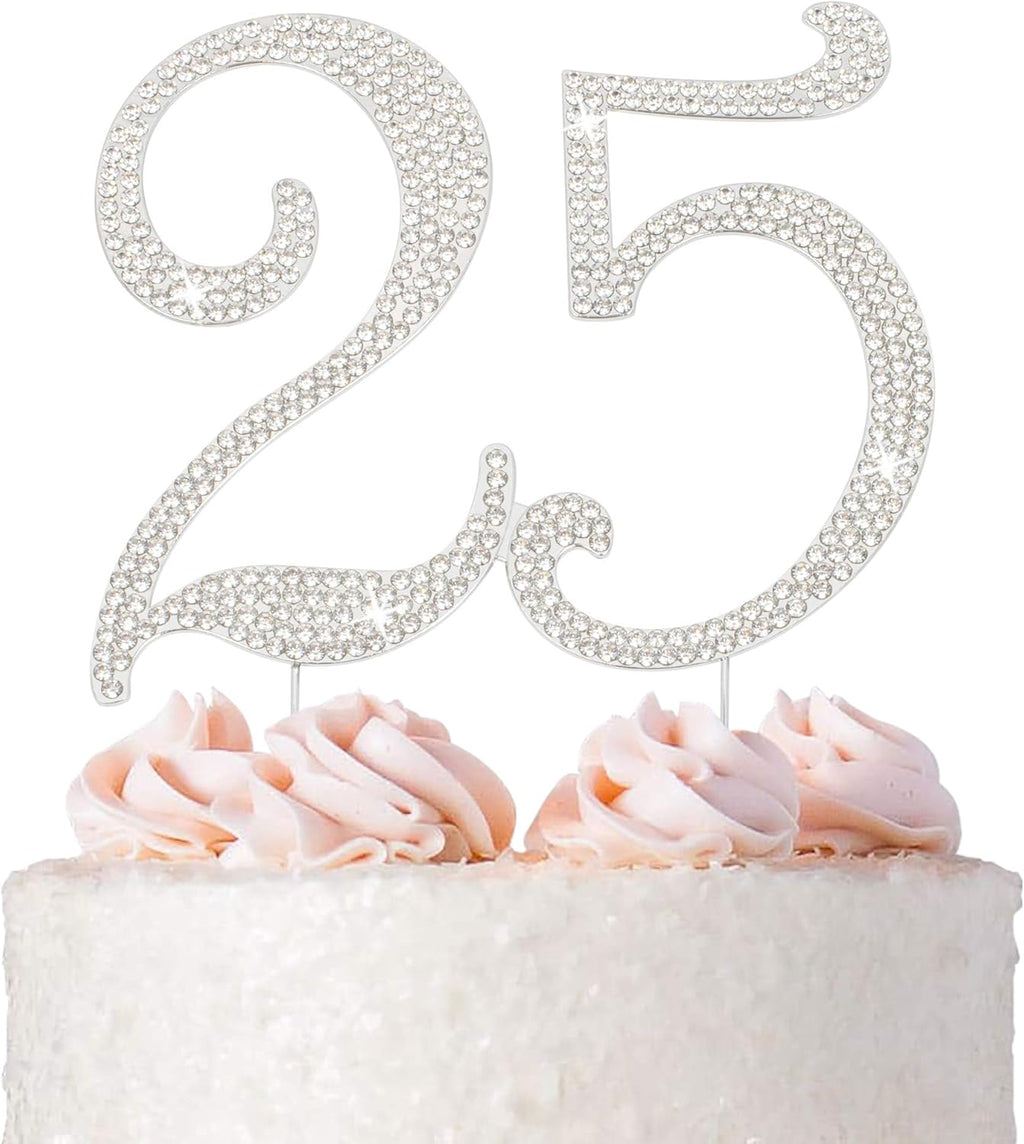 25 Cake Topper - Premium Silver Metal - 25th Birthday or Anniversary Party Sparkly Rhinestone Decoration Makes a Great Centerpiece - Now Protected in a Box