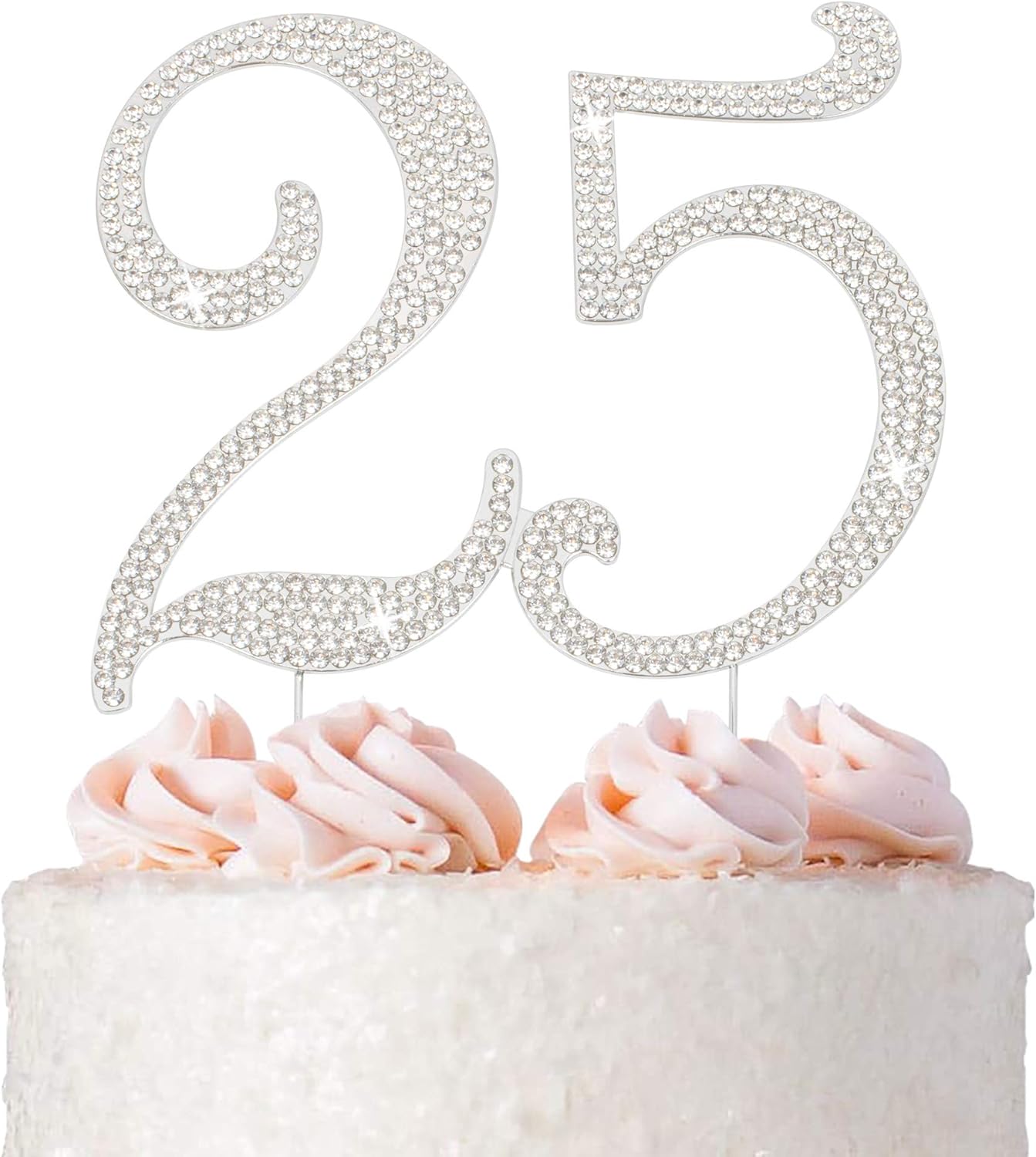 25 Cake Topper - Premium Silver Metal - 25th Birthday or Anniversary Party Sparkly Rhinestone Decoration Makes a Great Centerpiece - Now Protected in a Box