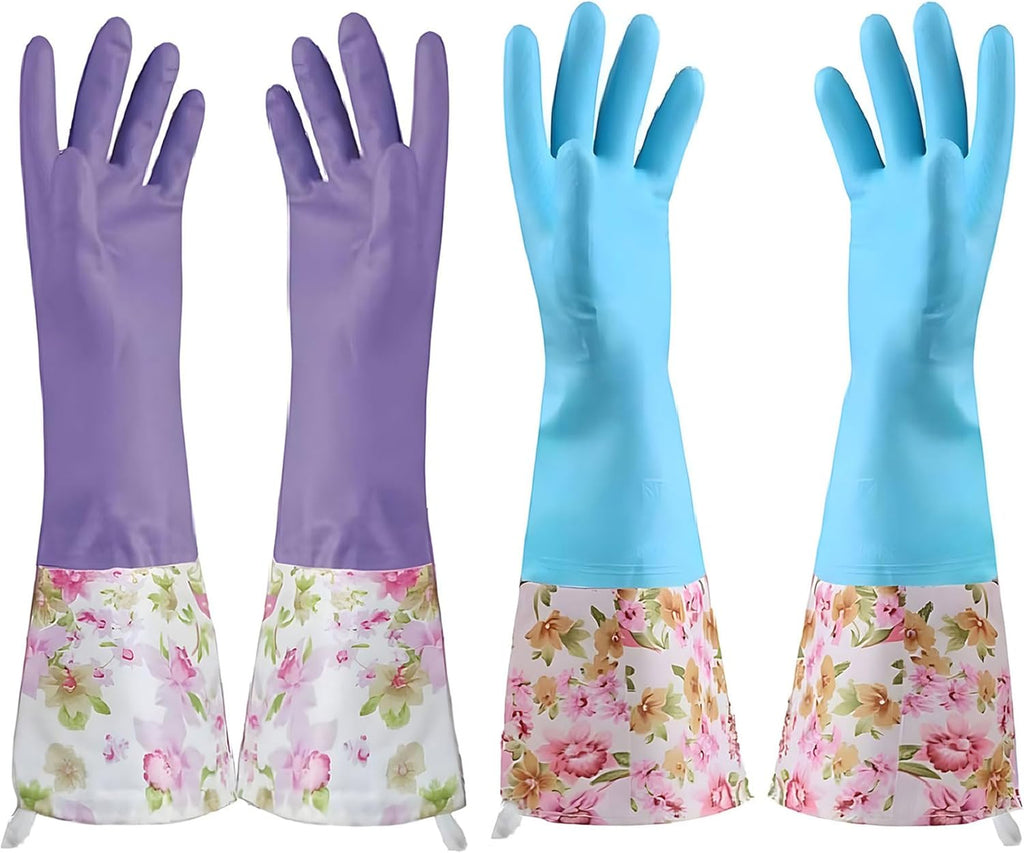 KINGFINGER Dishwashing Cleaning Gloves, 2 Pairs Reusable Rubber Gloves PVC Latex-Free Waterproof Long Cuff and Flock Lining Household Cleaning Glove(Blue + Purple)