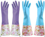 KINGFINGER Dishwashing Cleaning Gloves, 2 Pairs Reusable Rubber Gloves PVC Latex-Free Waterproof Long Cuff and Flock Lining Household Cleaning Glove(Blue + Purple)