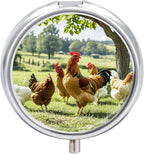 Farm Chickens Pill Box 3 Compartment Round Metal Pill Organizer Portable Mini Travel Medicine Case with Mirror Cute Medicine Container Holder for Pocket Purse