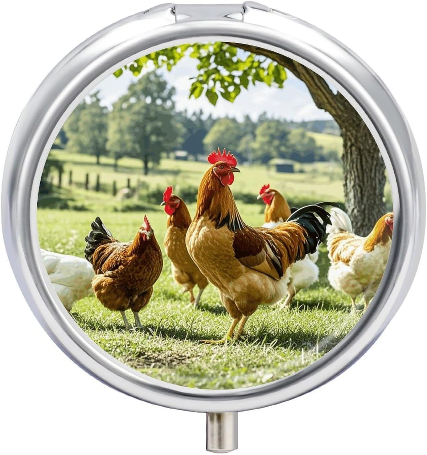 Farm Chickens Pill Box 3 Compartment Round Metal Pill Organizer Portable Mini Travel Medicine Case with Mirror Cute Medicine Container Holder for Pocket Purse