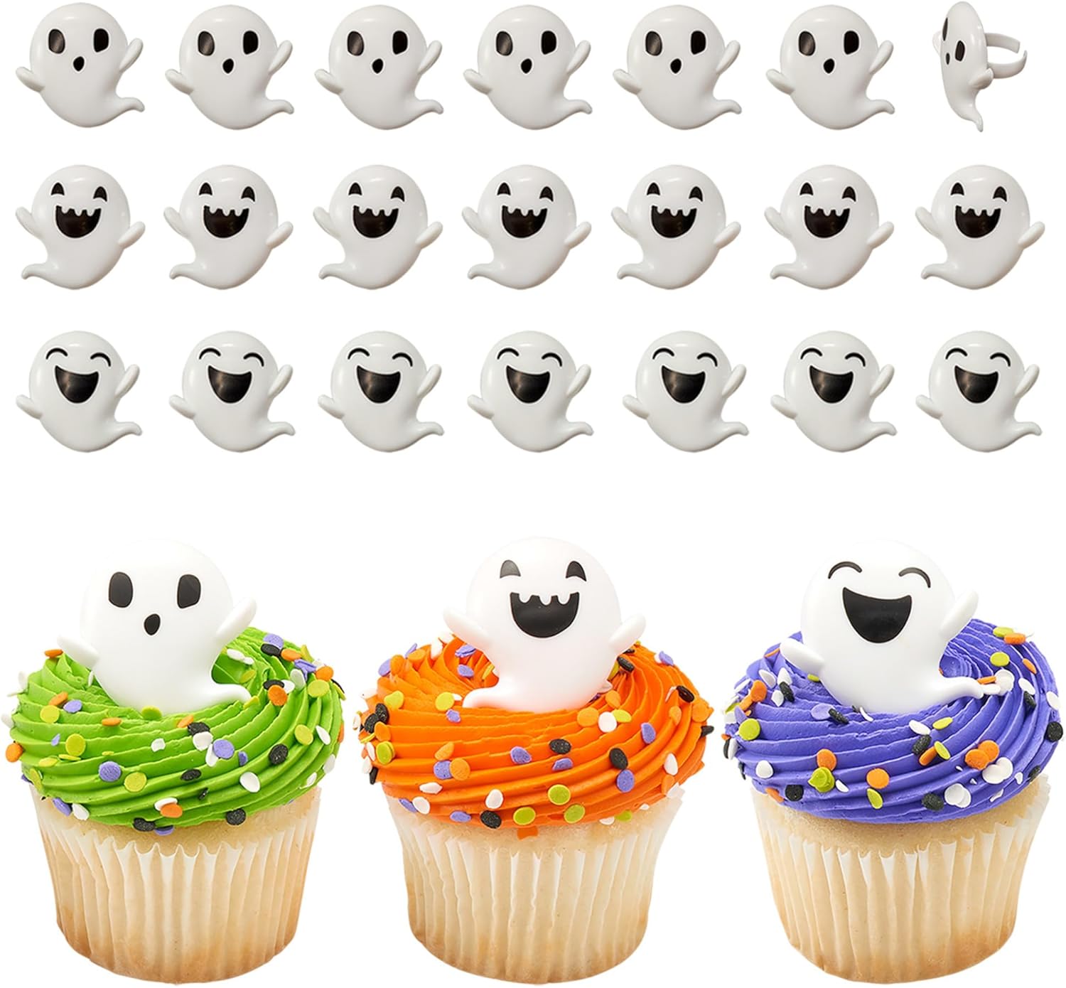DecoPac Ghost Cupcake Toppers, 24 Halloween Spooky Faces Cupcake Rings For Celebrations, Trick or Treat, & Parties - 24 Pack