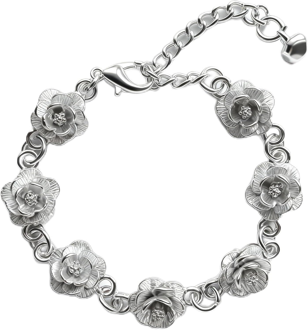 Charm Bracelet for Women Flower Bracelet Sterling Silver - Adjustable Dainty Plated Silver Jewelry Gift for Women