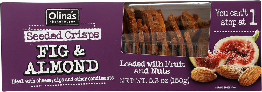 Olina's Bakehouse Seeded Crisps FIG and ALMOND 5.3 oz (3 pack) crackers. Loaded with fruit and nuts!