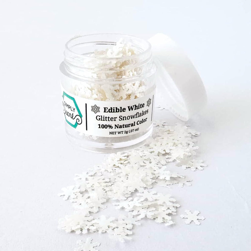 Dye-Free Edible Glitter Snowflakes - Vegan, Gluten-Free & Non-Toxic | Perfect for Cakes, Cupcakes, Drinks & Desserts by Simply Sucré (White, 1 Jar)
