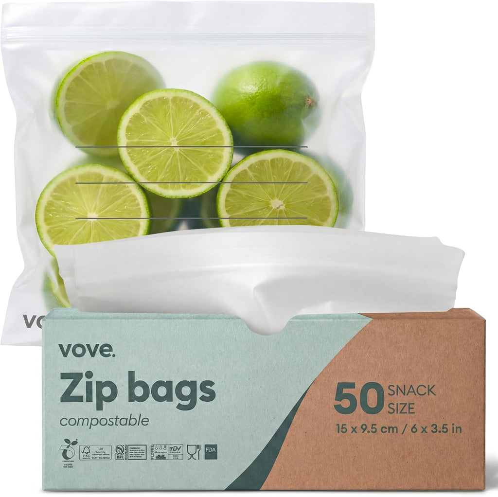 Vove Compostable Snack Bags 50 Ct – PFAS-Free, BPI Certified, Freezer Safe with Airtight Seal for Snacks & School Lunches, Plant-Based
