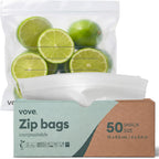 Vove Compostable Snack Bags 50 Ct – PFAS-Free, BPI Certified, Freezer Safe with Airtight Seal for Snacks & School Lunches, Plant-Based